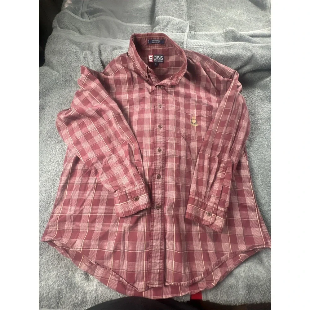 VINTAGE CHAPS RALPH‎ LAUREN  mens Size XLarge plaid maroon button down shirt 90s